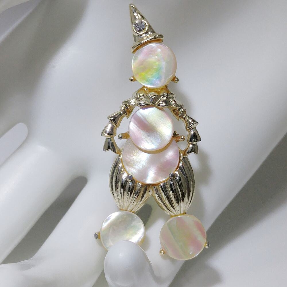 1960s Mother of Pearl Clown Brooch Gold Tone Rhinestone Hat Vintage Figural